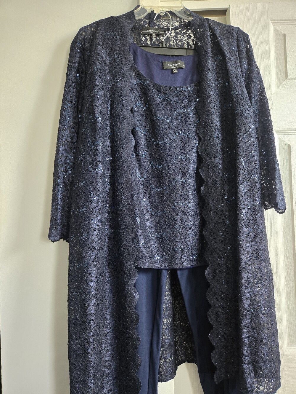 R&M Richards Navy Sequin Lace 3-Piece Outfit